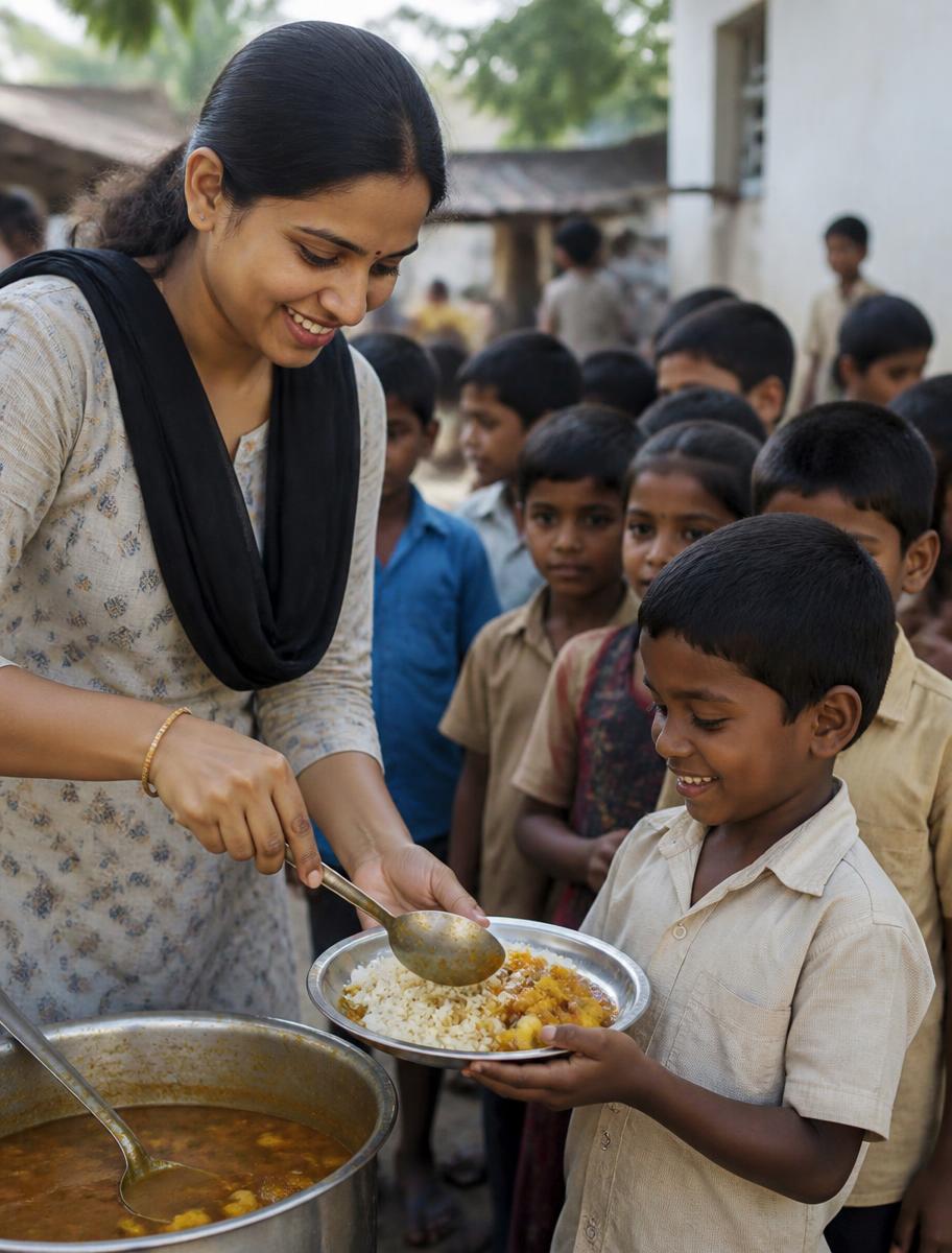 A volunteer serving hot meals to village children