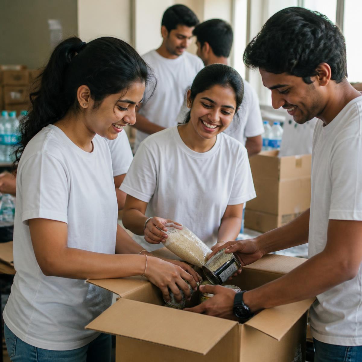 Volunteers packing relief supply boxes